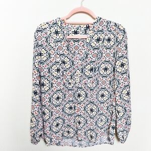 LOFT Long Sleeve Blue and Orange Boho Print V Neck Blouse Size Small